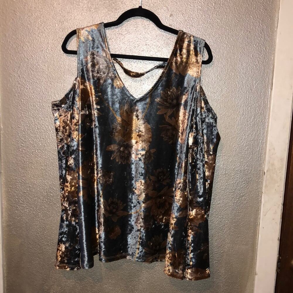 Tribal Jeans Blue Jay Cottagecore Hippie Boho Velour Cold Shoulder Top NWT